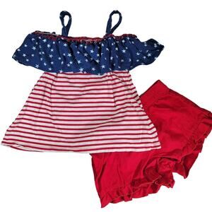 Patriotic Girls Outfit Sz 6/8 Summer Stars Stripes Ruffle Shirt Ruffle Shorts